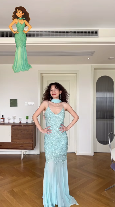 Gentle Baby Blue Mermaid Spaghetti Strap Beaded Sequin Chiffon Prom Dress Party Dress SH4547