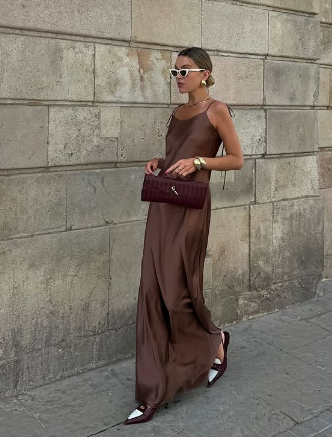 Simple Brown A Line Spaghetti Strap Satin Open Back Prom Dress Wedding Guest Dress SH4448