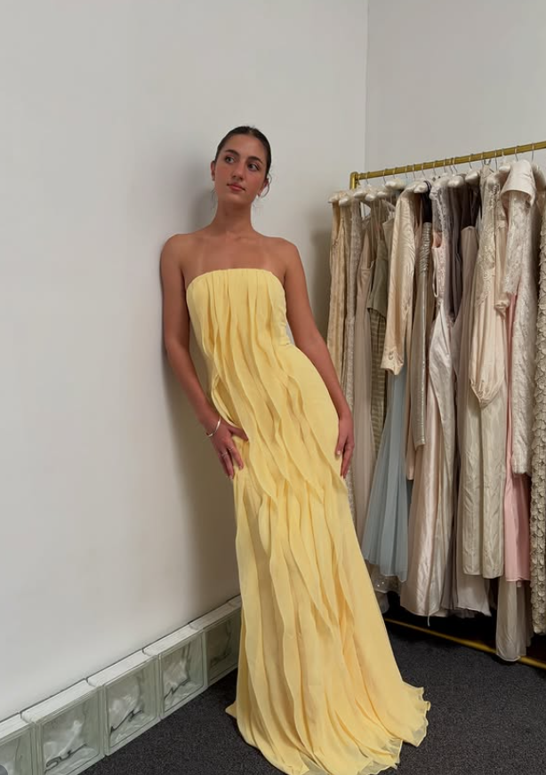 Light Yellow Sheath Strapless Ruffle Chiffon Prom Dress Vacation Dress SH6261