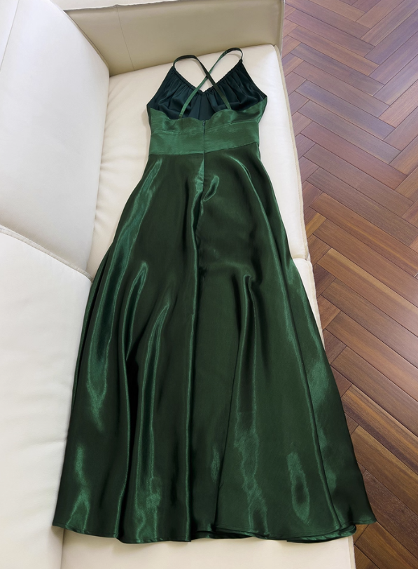 Stunning Green A Line Halter Satin Prom Dress Vacation Dress Wedding Guest Dress SH4504