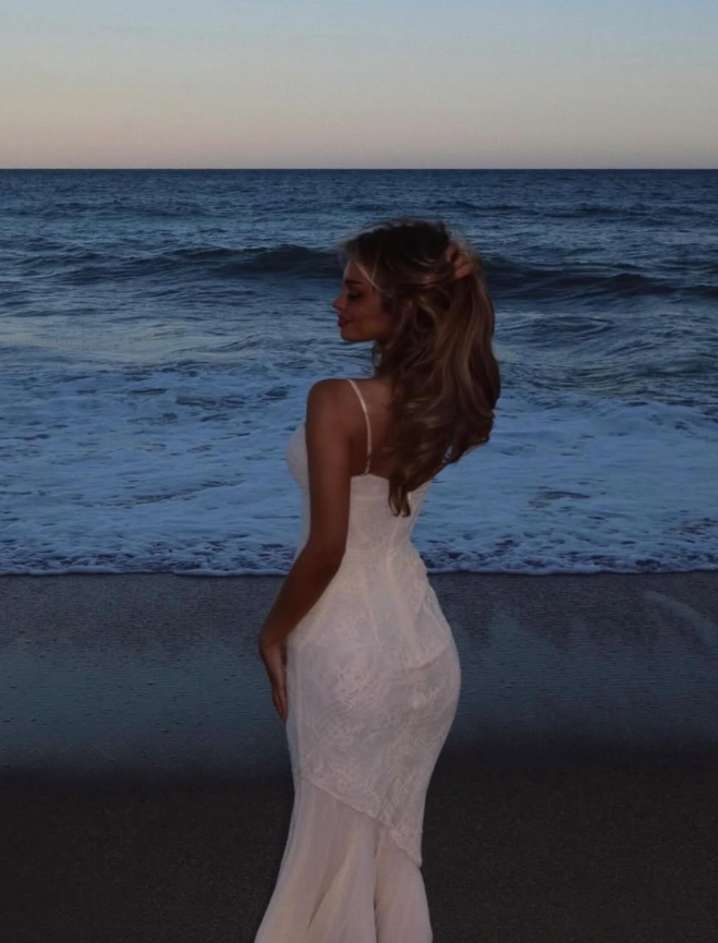 Ivory Mermaid Spaghetti Strap Lace Chiffon Prom Dress Vacation Dress SH3950