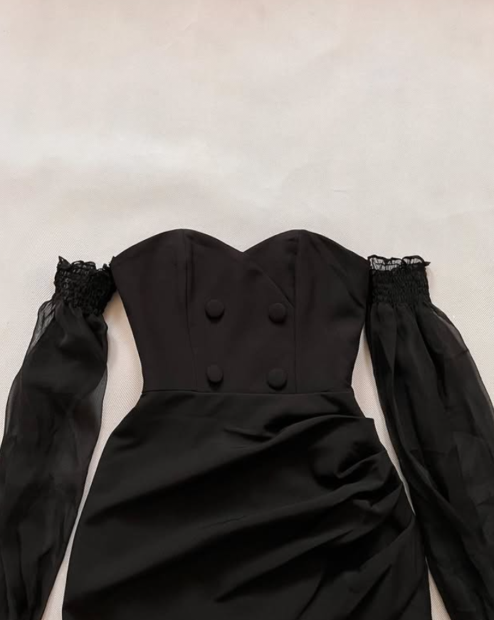 Vintage High-class Sheath Long Sleeve Black Tulle Satin Short Prom Dress Homecoming Dress SH6969