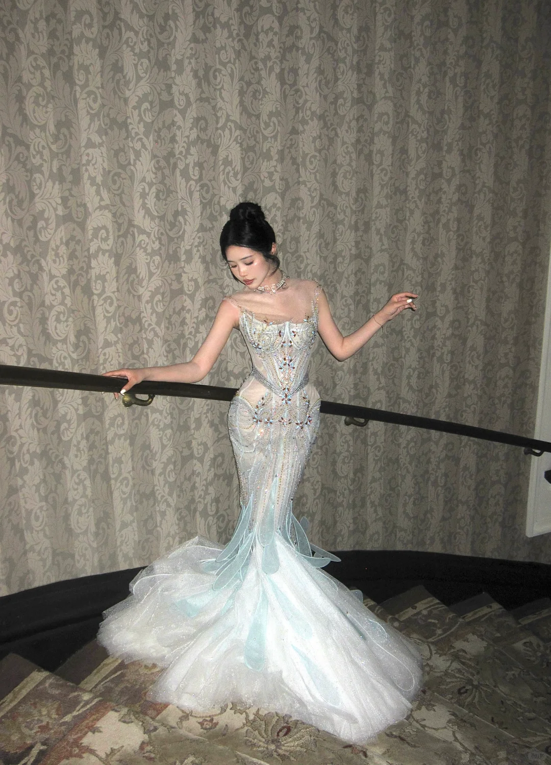 Exquisite Mermaid Round Neck Beaded Sequin Tulle Long Sweep Party Dress Evening Dress SH3407