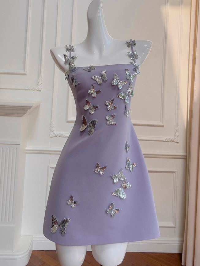 Purple A Line Spaghetti Strap Silver Sequin Butterfly Satin Homecoming Dress SH4501