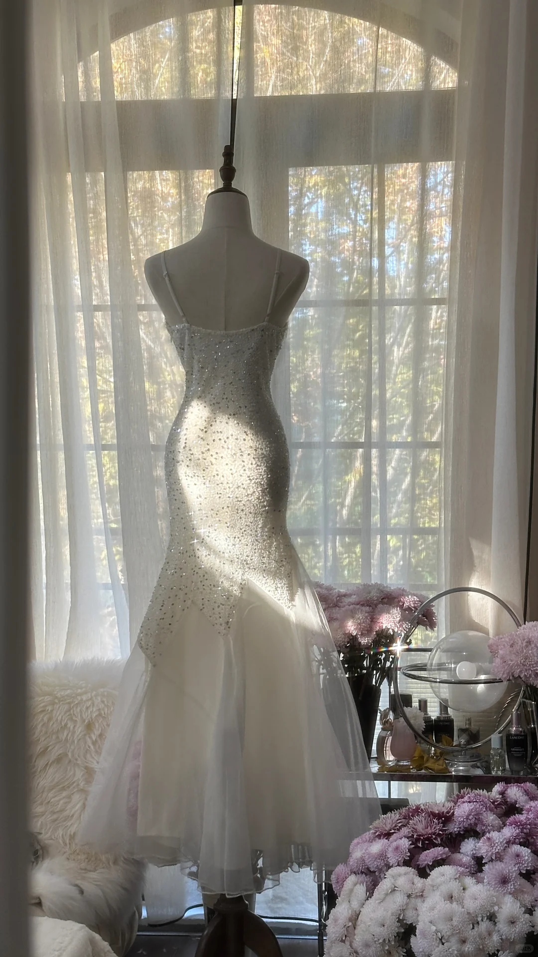 Flowy Mermaid Spaghetti Straps Beaded White Chiffon Long Prom Dress Evening Dress SH2969