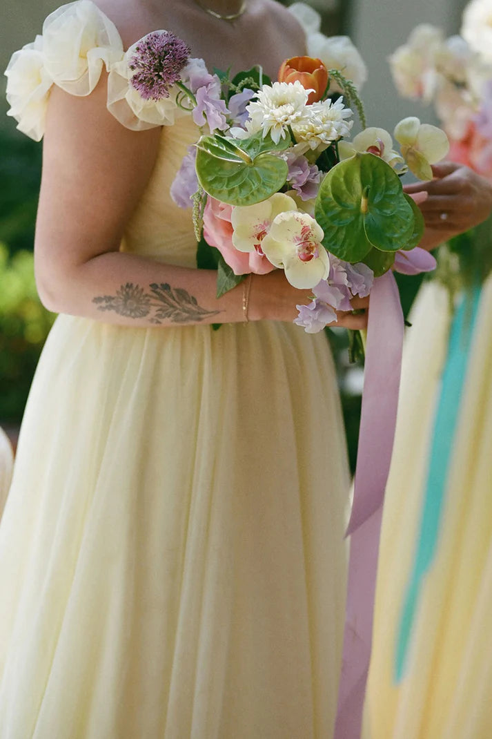 Pastel Yellow Floral A Line Straps Tulle Long Bridesmaid Dress SH5571