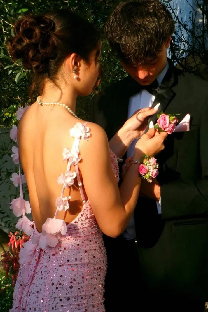 Pink Spaghetti Straps Sequined Backless Mermaid Long Prom Dress SH8222