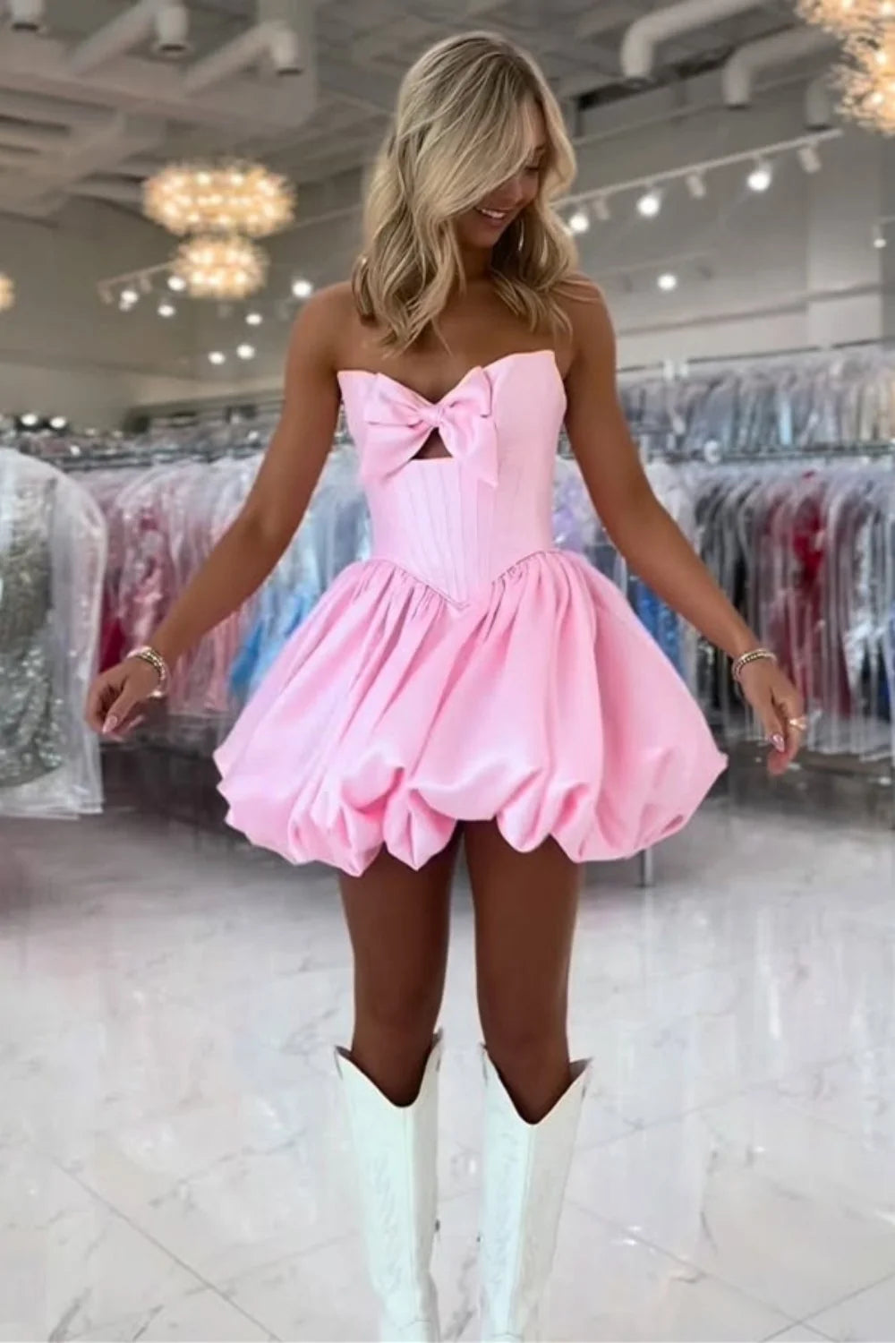 Pretty A Line Sweetheart Pink Corset Homecoming Dress with Keyhole Bowknot SH7979