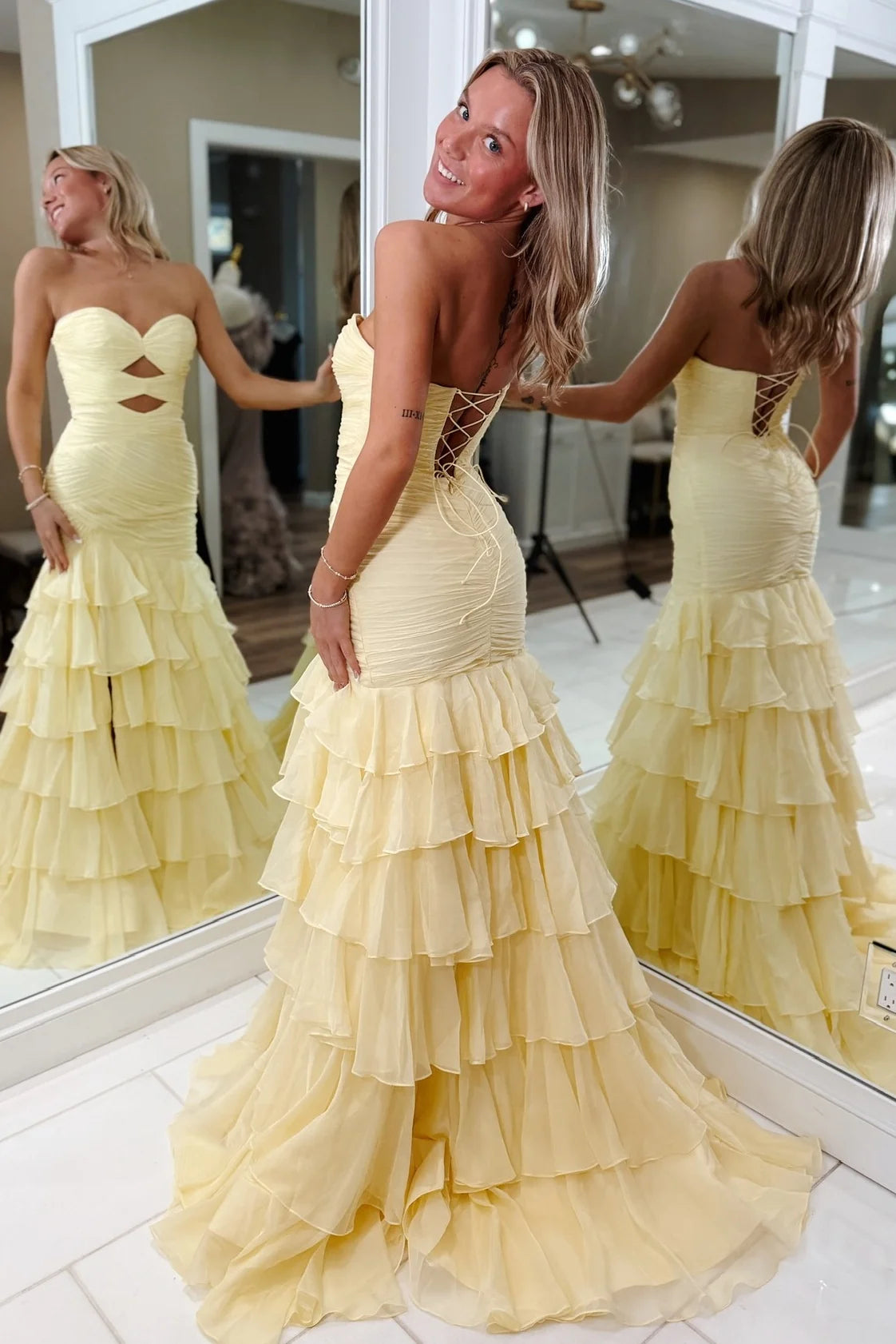 Pretty Mermaid Sweetheart Yellow Long Prom Dress with Ruffles SH8112
