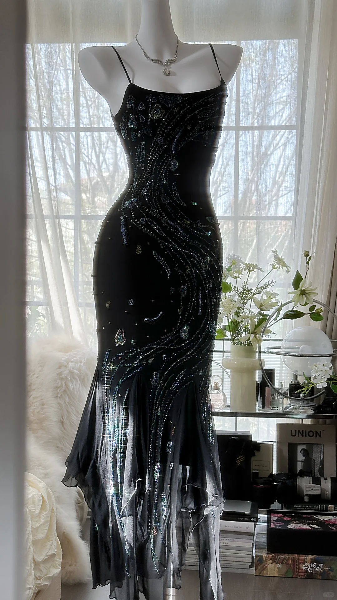 Gorgeous Mermaid Spaghetti Strap Beaded Black Chiffon Party Dress Evening Dress SH2961