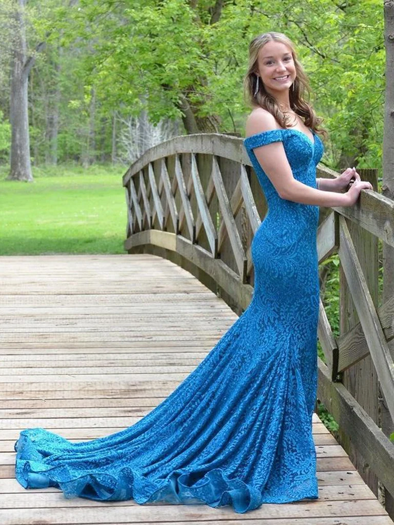 Off Shoulder Blue Mermaid Lace Long Evening Dresses,Formal Prom Dress SH639