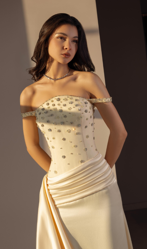 Princess Yellow A Line Off the Shoulder Beaded Satin Long Prom Dress Evening Dress SH6745