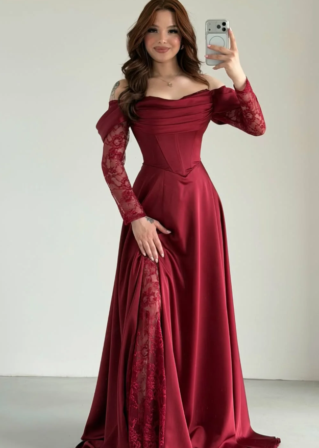 Elegant Burgundy A Line Long Sleeve Lace Satin Prom Dress Wedding Guest Dress SH6012
