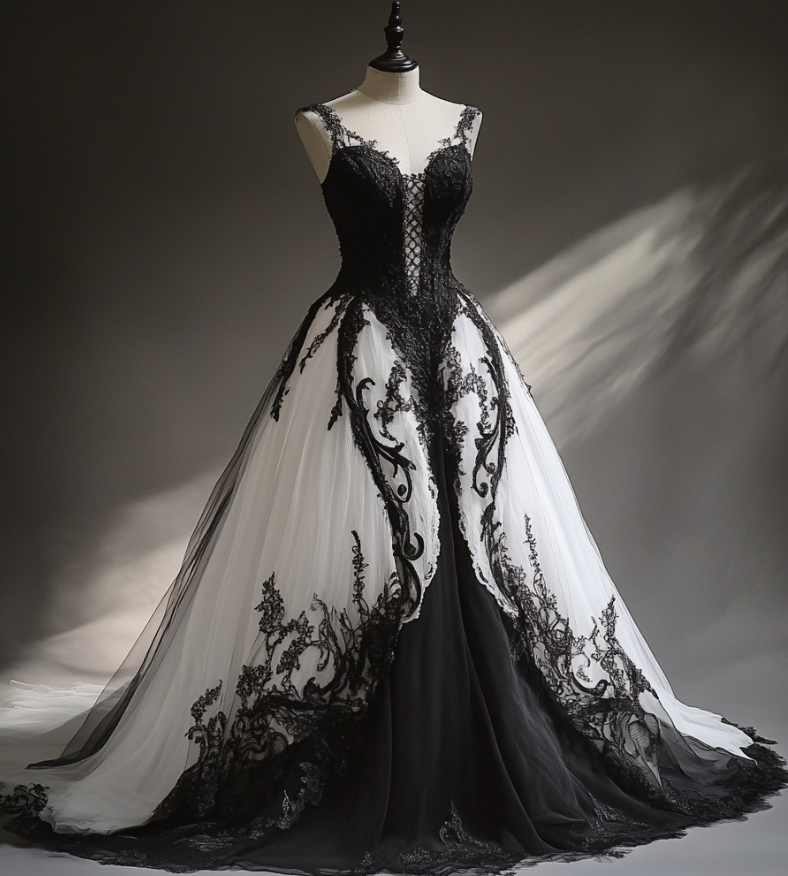 Black White A Line Spaghetti Strap Lace Chiffon Long Prom Dress Evening Dress SH2278