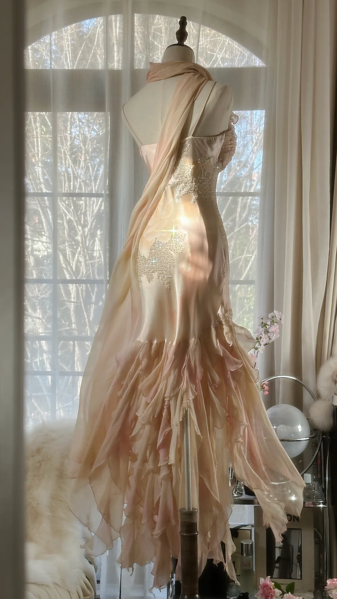 Fairy Mermaid Spaghetti Strap Beaded Ruffle Chiffon Long Prom Dress Evening Dress SH2981