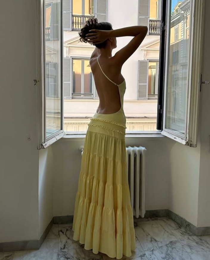 Simple Yellow A Line One Shoulder Satin Open Back Prom Dress Wedding Guest Dress SH4291