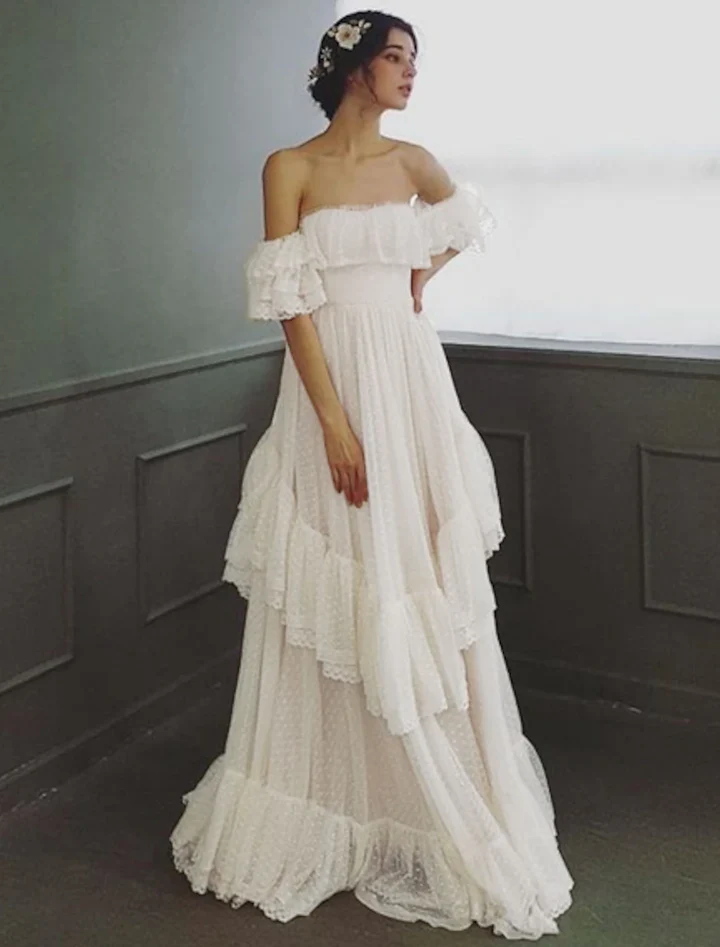 Elegant A Line Off the Shoulder Tiered White Tulle Long Prom Dress Evening Dress SH2632