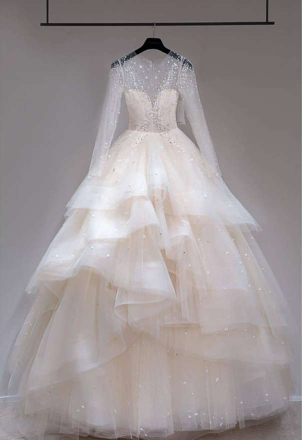 Elegant A Line Long Sleeve Beaded Sequin Tiered Tulle Wedding Dress SH2230