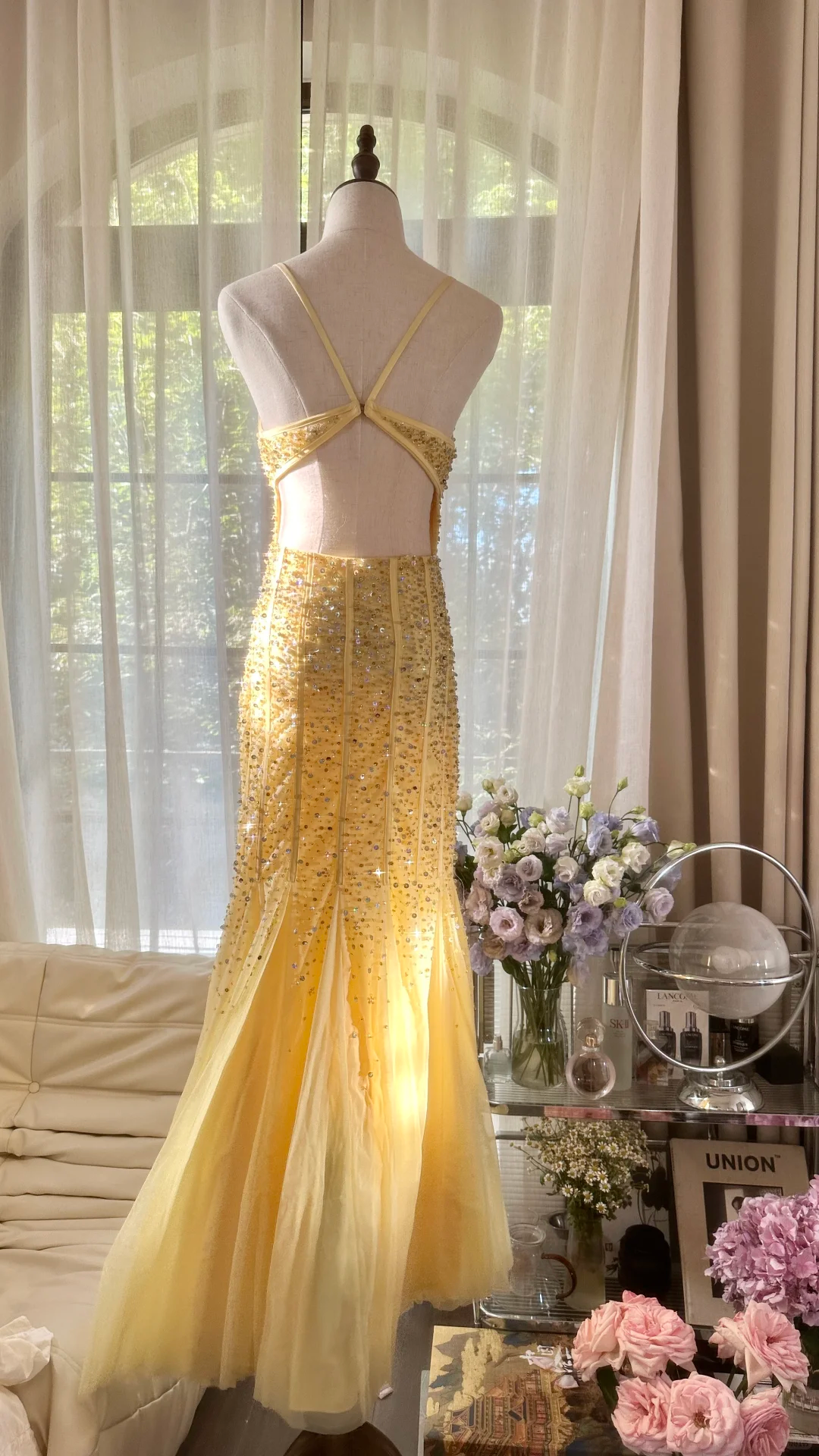 Light Yellow Mermaid Spaghetti Strap Sequin Beaded Chiffon Open Back Party Dress Evening Dress SH2934
