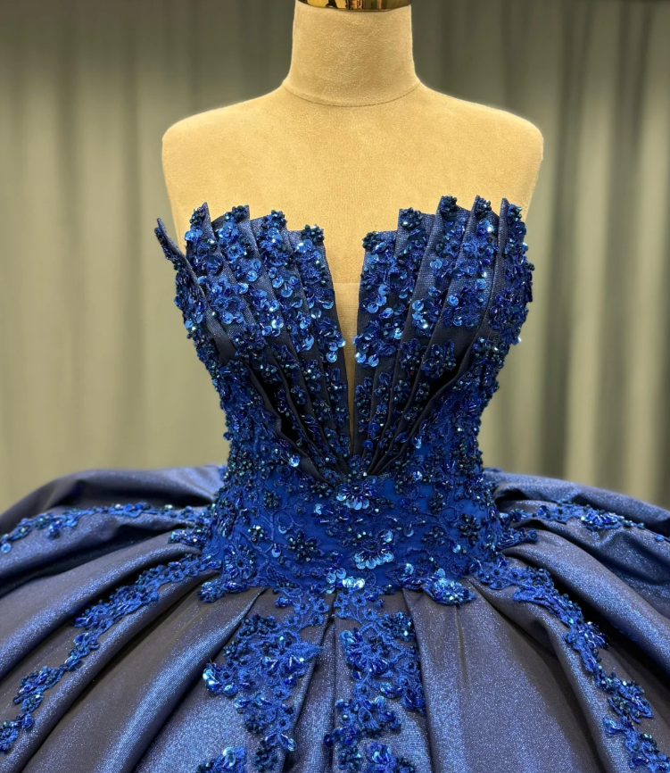 Pretty Ball Gown Sweetheart Neck Sequin Appliques Dark Blue Satin Sweet 16 Dress, Quinceanera Dress SH3039