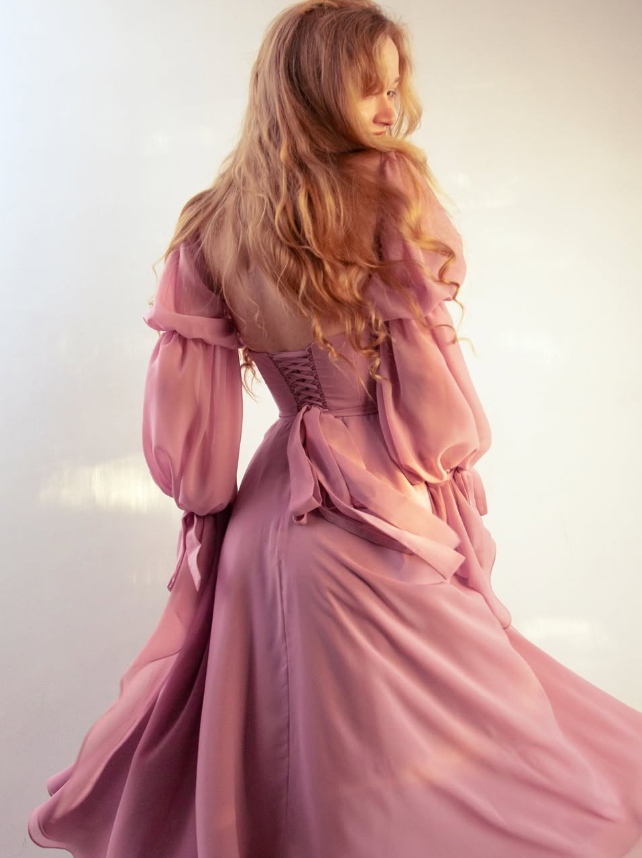 Gentle Purple A Line Long Sleeve V Neck Chiffon Long Prom Dress Evening Dress SH3321