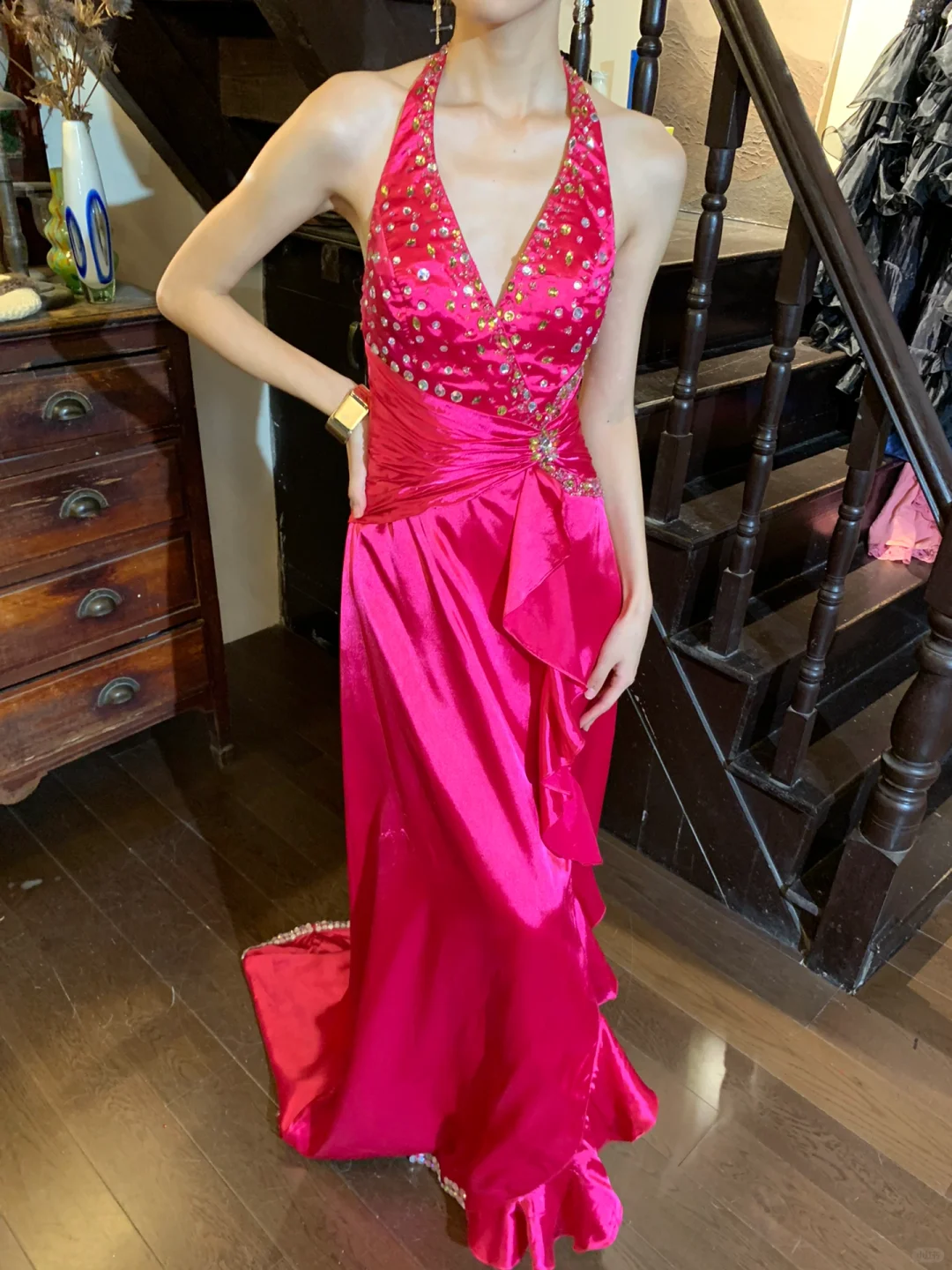 Barbie Pink Retro Mermaid Halter Beaded Ruffle Satin Party Dress Evening Dress SH3369