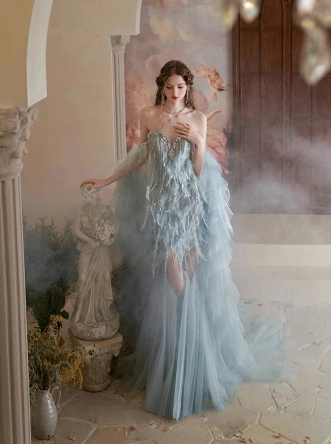 Dreamy Blue Mermaid Sweetheart Neck Feather Tulle Prom Dress Party Dress SH4079