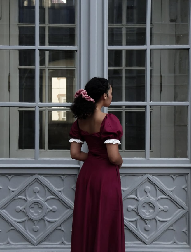Burgundy A Line Puff White Lace Satin Long Party Dress Cocktail Dress Date Dress SH3685