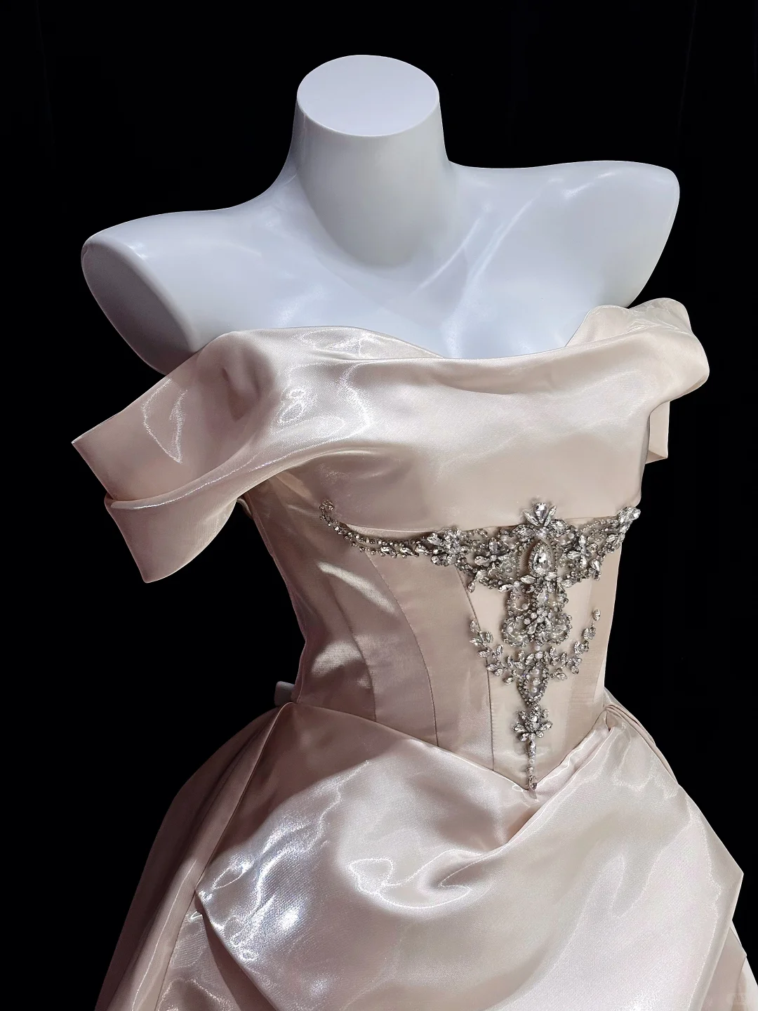 Gentle A Line Off the Shoulder Rhinestone Satin Long Prom Dress Evening Dress SH5008