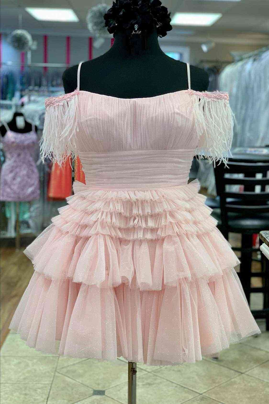 Off The Shoulder Pleated Tiered Tulle Party Dress,Pretty Homecoming Dress SH641