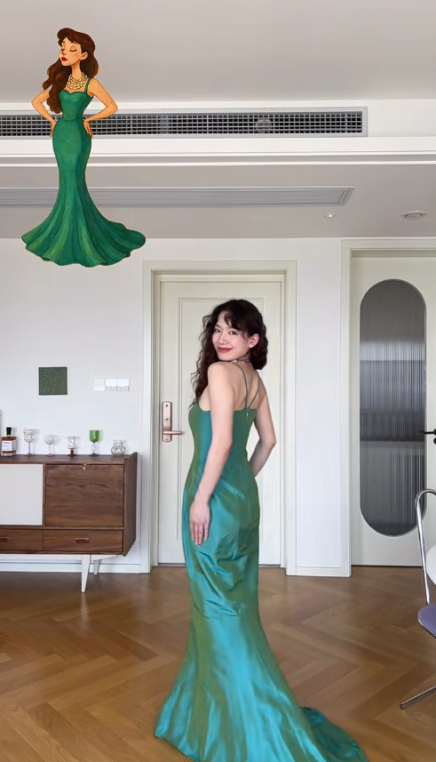 Vintage Green Mermaid Spaghetti Strap Satin Prom Dress Wedding Guest Dress SH4548