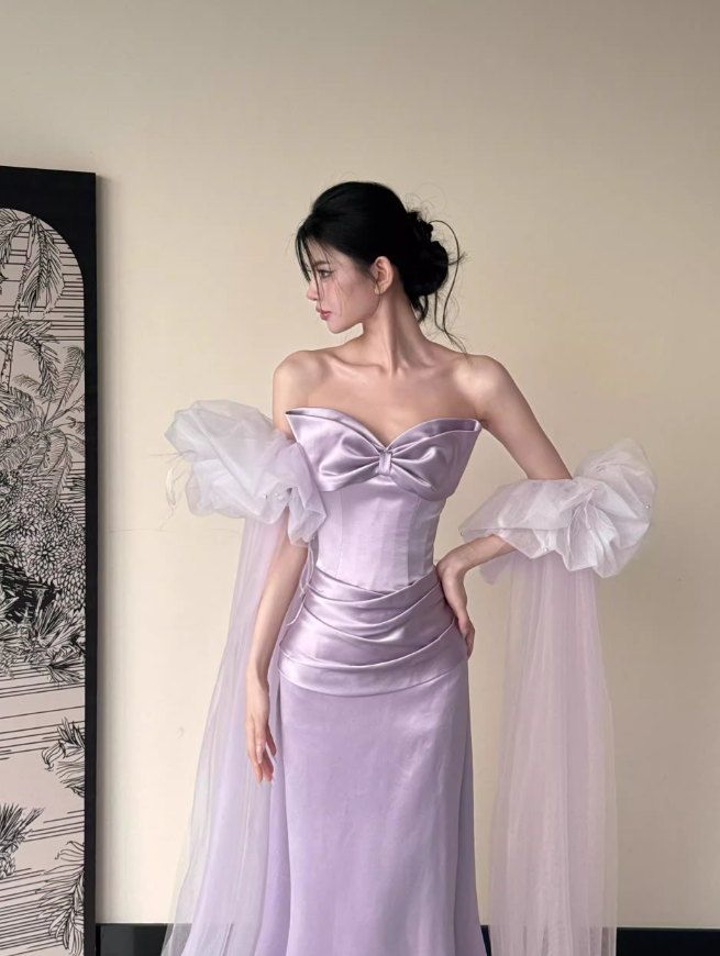 Romantic Purple Mermaid Bow Satin Tulle Long Prom Dress Formal Dress SH3666