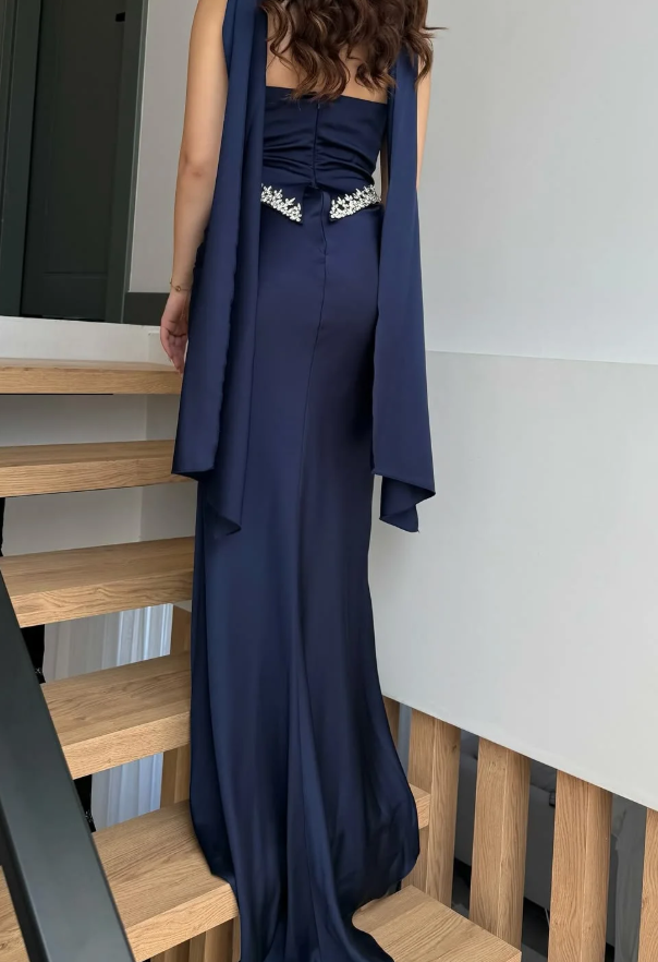 Navy Blue Sheath Strapless Exquisite Beaded Satin Prom Dress Evening Dress SH5397