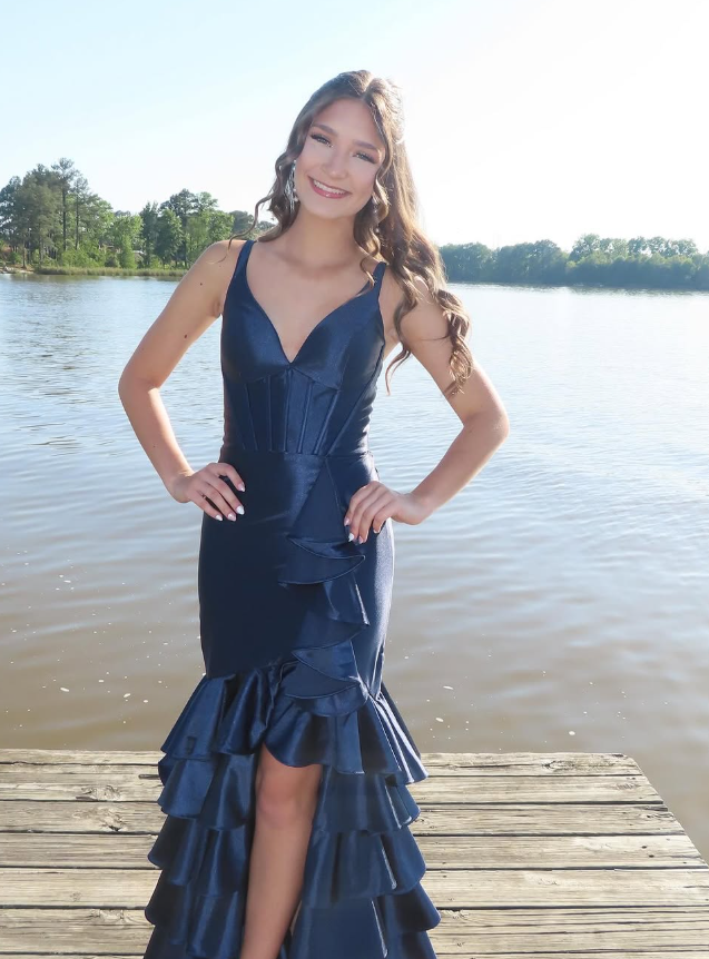 Navy Blue Mermaid Spaghetti Strap Layered Satin Prom Dress Party Dress Date Dress SH3988