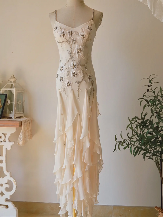 Apricot Mermaid Spaghetti Strap Embroidered Beaded Ruffle Chiffon Prom Dress Formal Dress SH3882