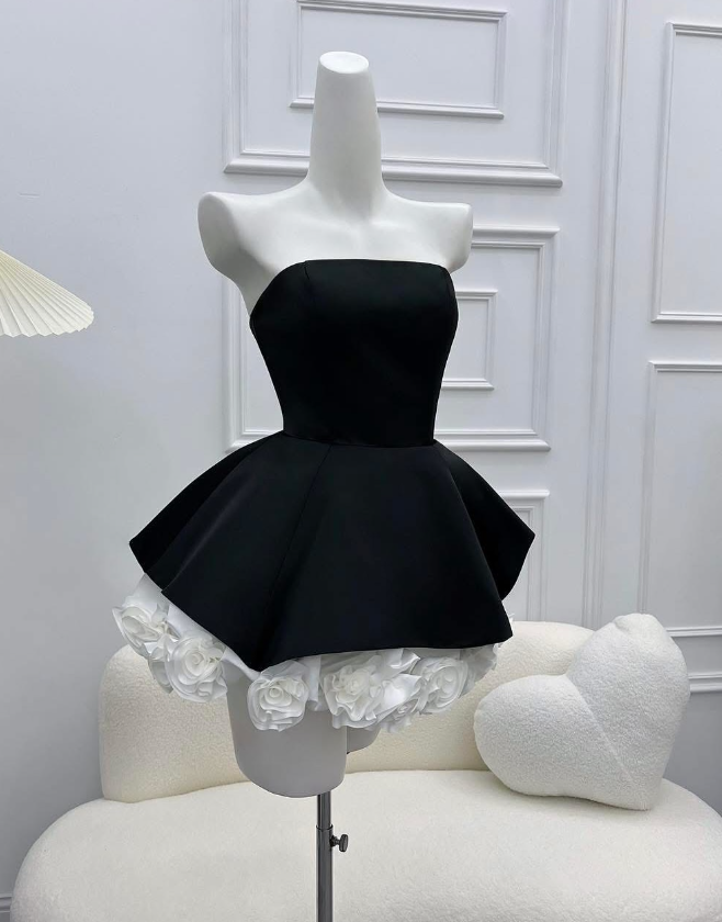 A Line Strapless Flower White Satin Black Velvet Short Homecoming Dress Cocktail Dress SH3119