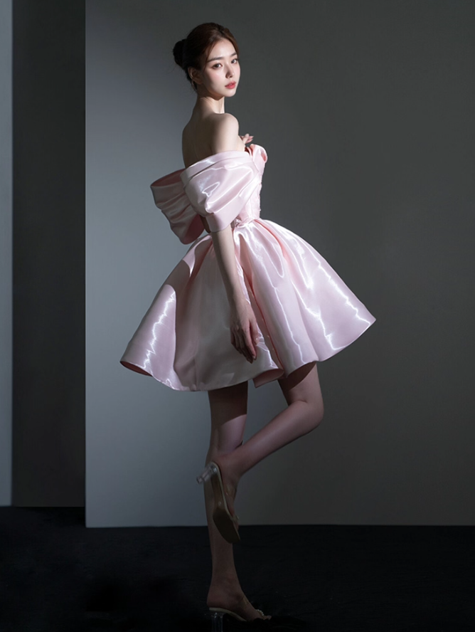 Stunning A Line Off the Shoulder Pink Satin Short Homecoming Dress Birthday Dress SH4156