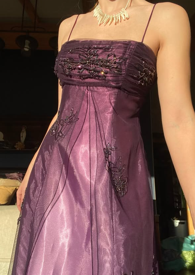 Vintage Purple Ombre A Line Spaghetti Straps Beaded Satin Tulle Prom Dress Evening Dress SH5913