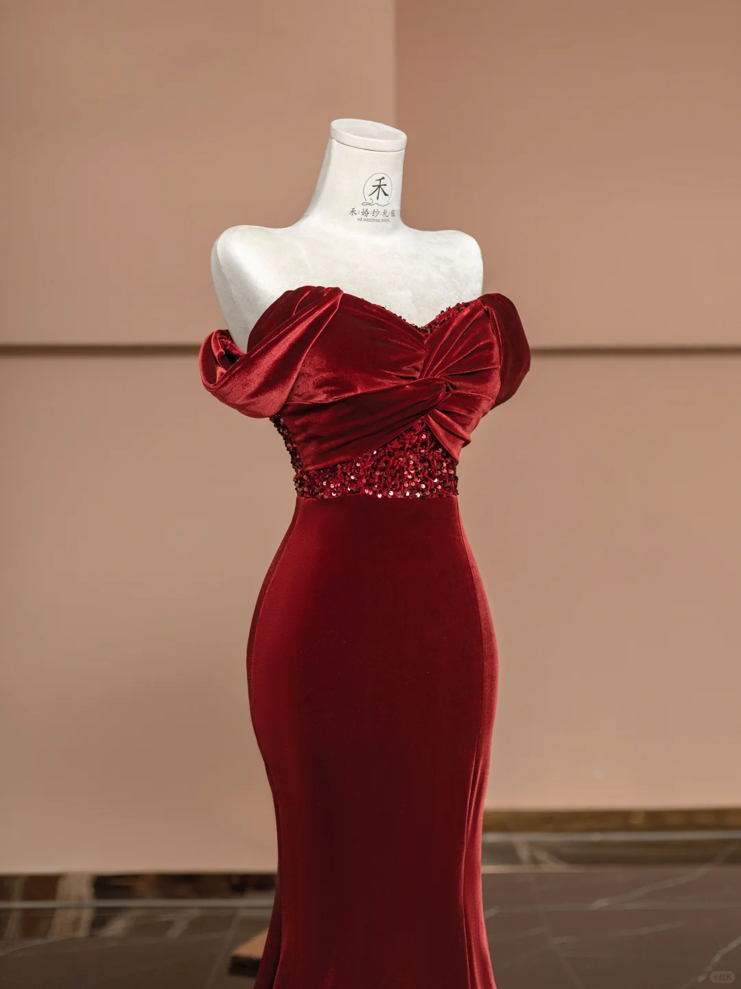 Burgundy Mermaid Off the Shoulder Sequin Velvet Long Prom Dress Party Dress SH4369