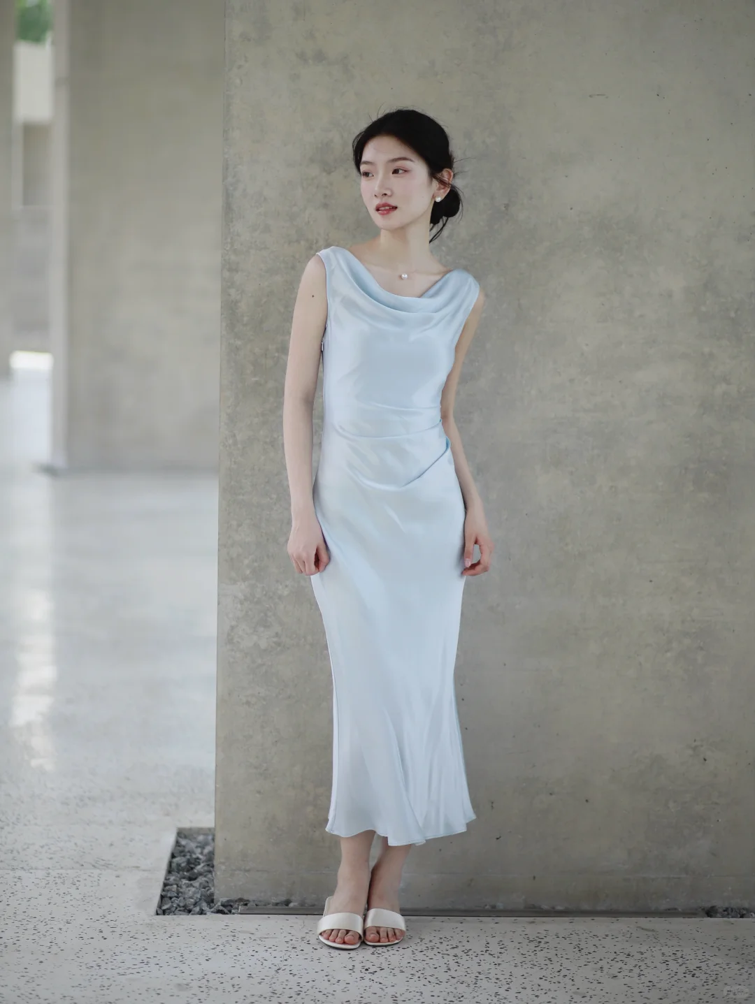 Gentle Baby Blue Sheath Straps Pleated Satin Prom Dress Evening Dress SH4215