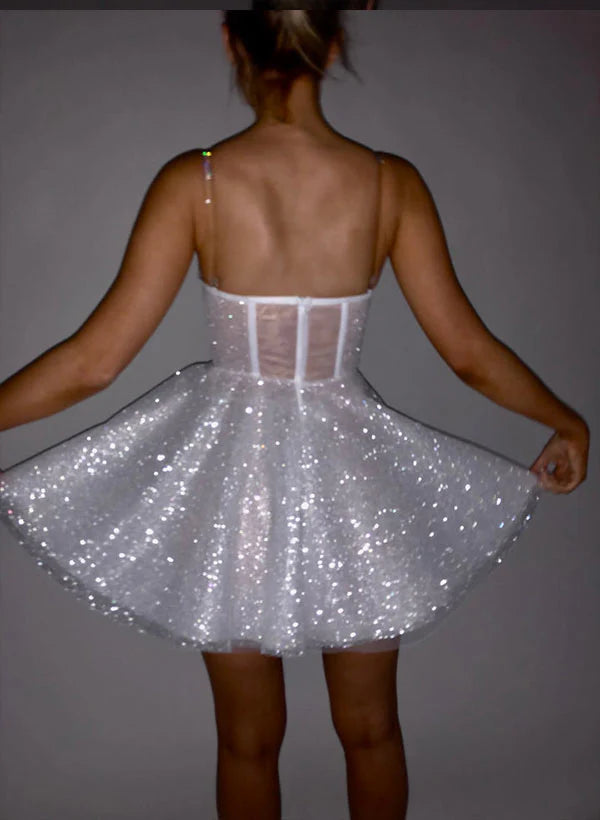 Shiny Sliver A Line Spaghetti Straps Sequin Homecoming Dress Short Prom Dress SH6468