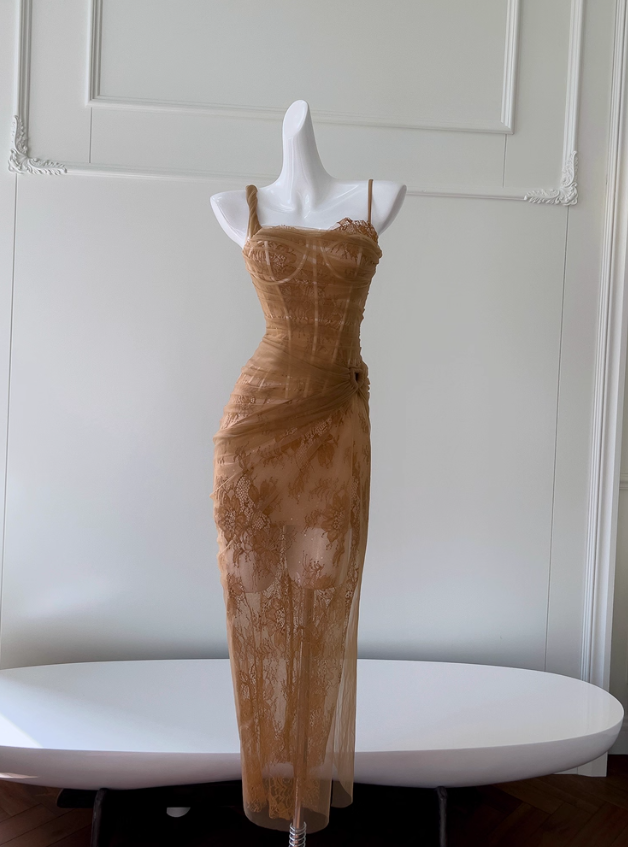 Sexy Brown Sheath One Shoulder Lace Prom Dress Birthday Dress SH4510