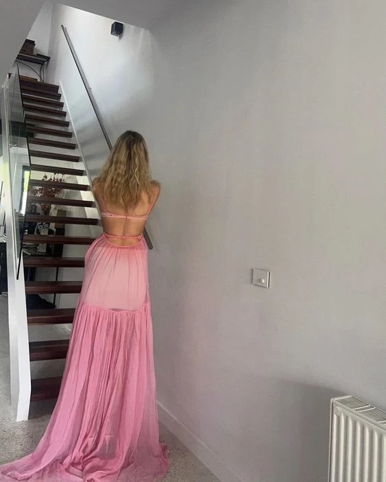 Pink Backless Chiffon A Line Evening Party Dress Long Prom Dress SH1487
