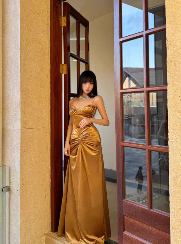 Golden A Line Spaghetti Strap Pleated Velvet Prom Dress Party Dress SH4390