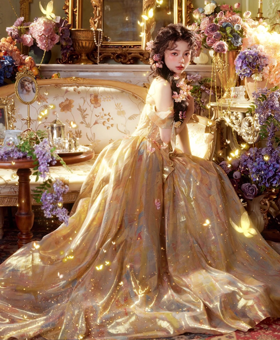 Dreamy Ball Gown Off the Shoulder Corset Golden Tulle Prom Dress 16th Birthday Dress SH4055