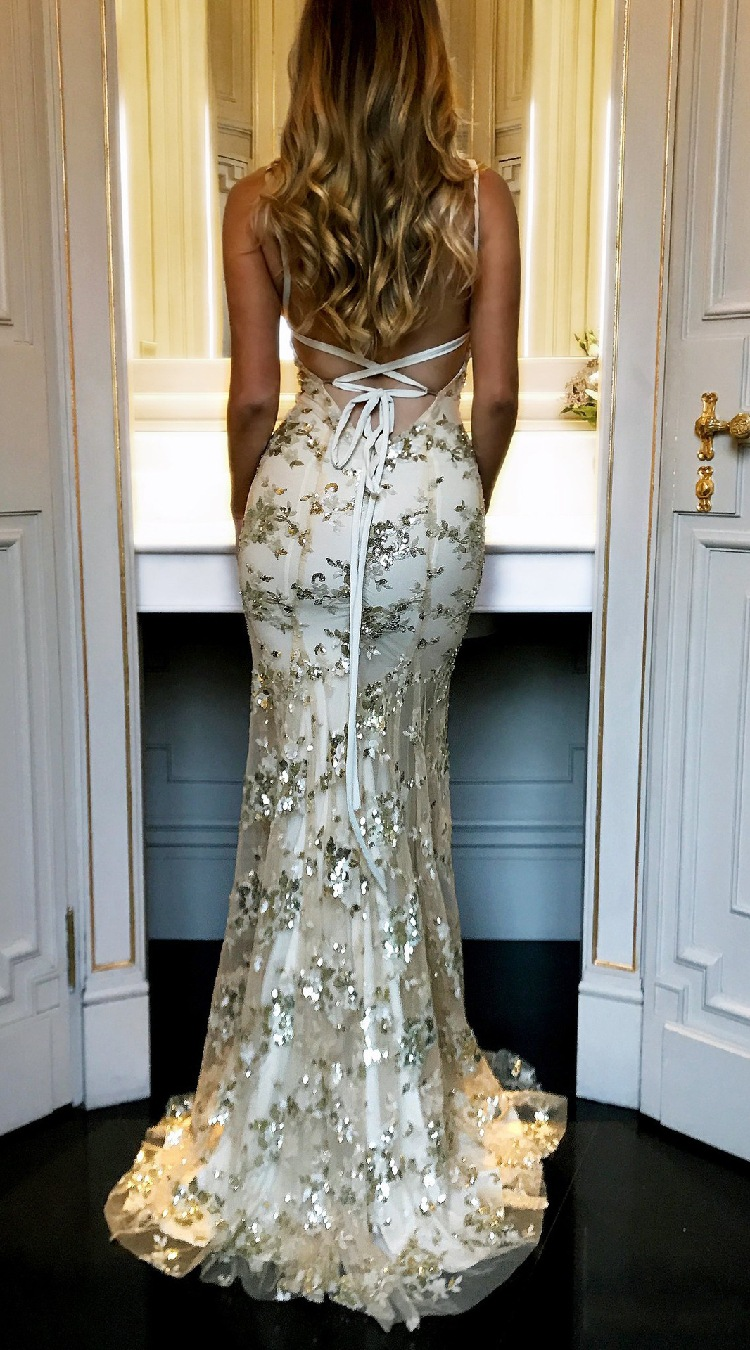 Sexy Mermaid Gold Sequin Tulle Long Backless Prom Dress Evening Dress D1074