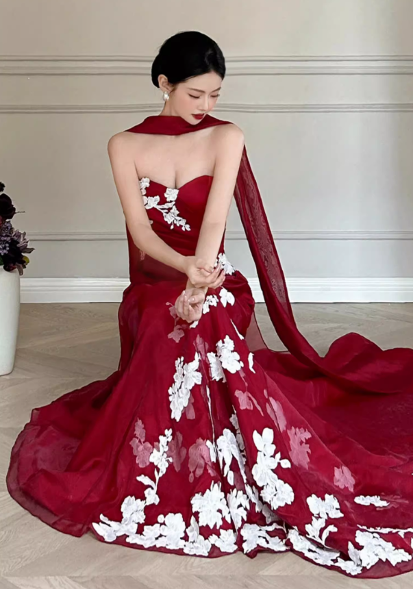 Burgundy Mermaid Sweetheart Neck White Applique Tulle Prom Dress Party Dress SH4077