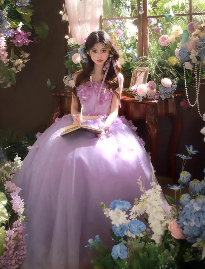 Purple Ball Gown Strapless Corset Floral Tulle Prom Dress 16th Birthday Dress SH4053