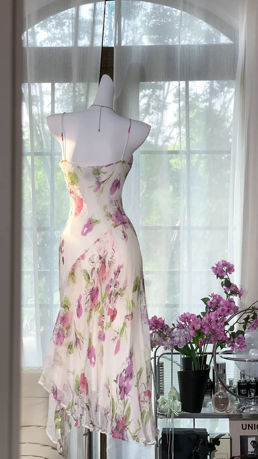 Pink Print Floral Mermaid Chiffon Date Dress Evening Dress Wedding Guest Dress SH3434