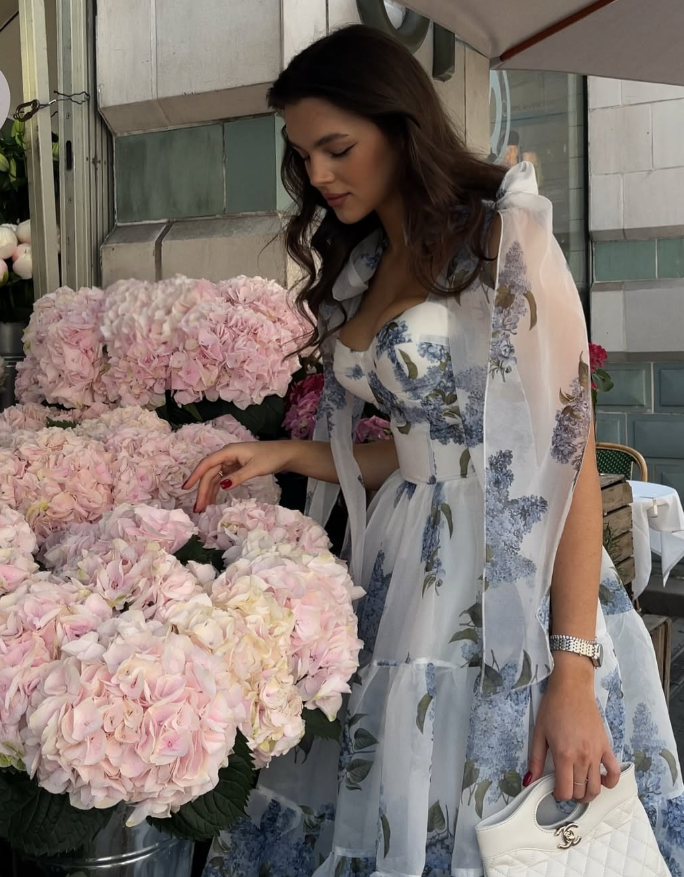 Blue Print Floral A Line Spaghetti Strap Tea Length Chiffon Homecoming Dress Cocktail Dress Outfits SH3564